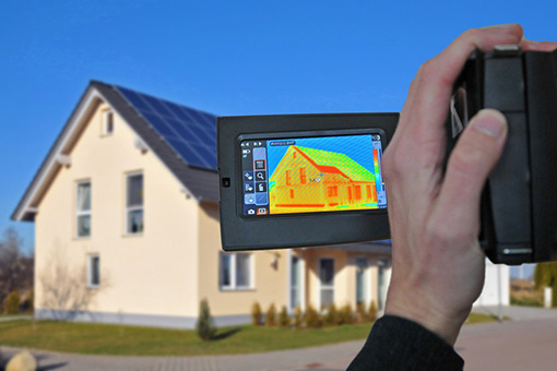 Person hält eine Wärmebildkamera, die ein Haus mit Solarpanelen zeigt, zur Überprüfung der Energieeffizienz.