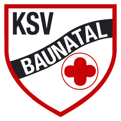 Vereinslogo des KSV Baunatal mit rotem Kreuz und Schriftzug "KSV"" und ""BAUNATAL""."