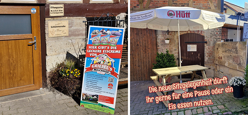 Der Laden von außen mit einer Sitzmöglichkeit