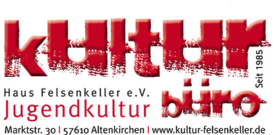 Logo des Jugendkulturbüros Haus Felsenkeller e.V. in Altenkirchen, seit 1985, mit Kontaktinformationen.