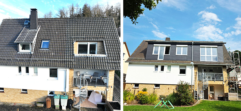 Ein Foto von dem alten Haus und rechts daneben das neu umgebaute Haus