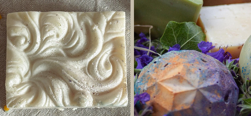 Links eine selbstgemachte, cremefarbene Seife, rechts eine selbstgemachte lilane Seife.
