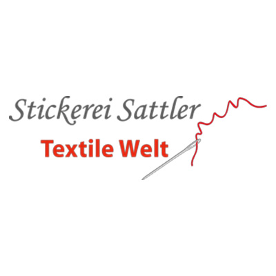 Das Logo der Stickerei Sattler mit einer Nadel und einem roten Faden.