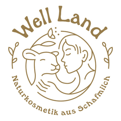 Logo von Well Land: Frau umarmt ein Schaf, umgeben von minimalistischen Pflanzenmotiven. Natürkosmetik aus Schafmilch.