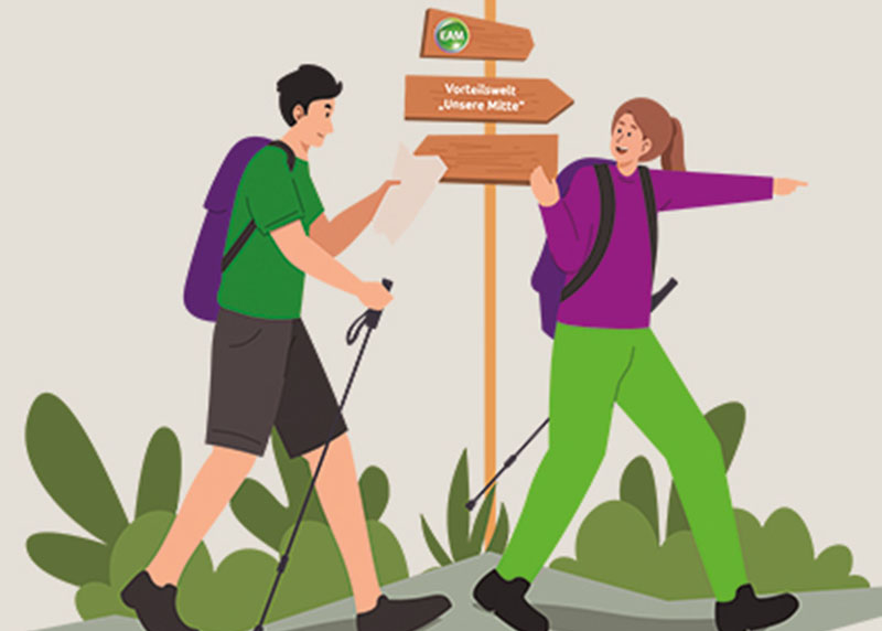 Illustration von zwei Wanderern, die entlang eines Wegweisers laufen.