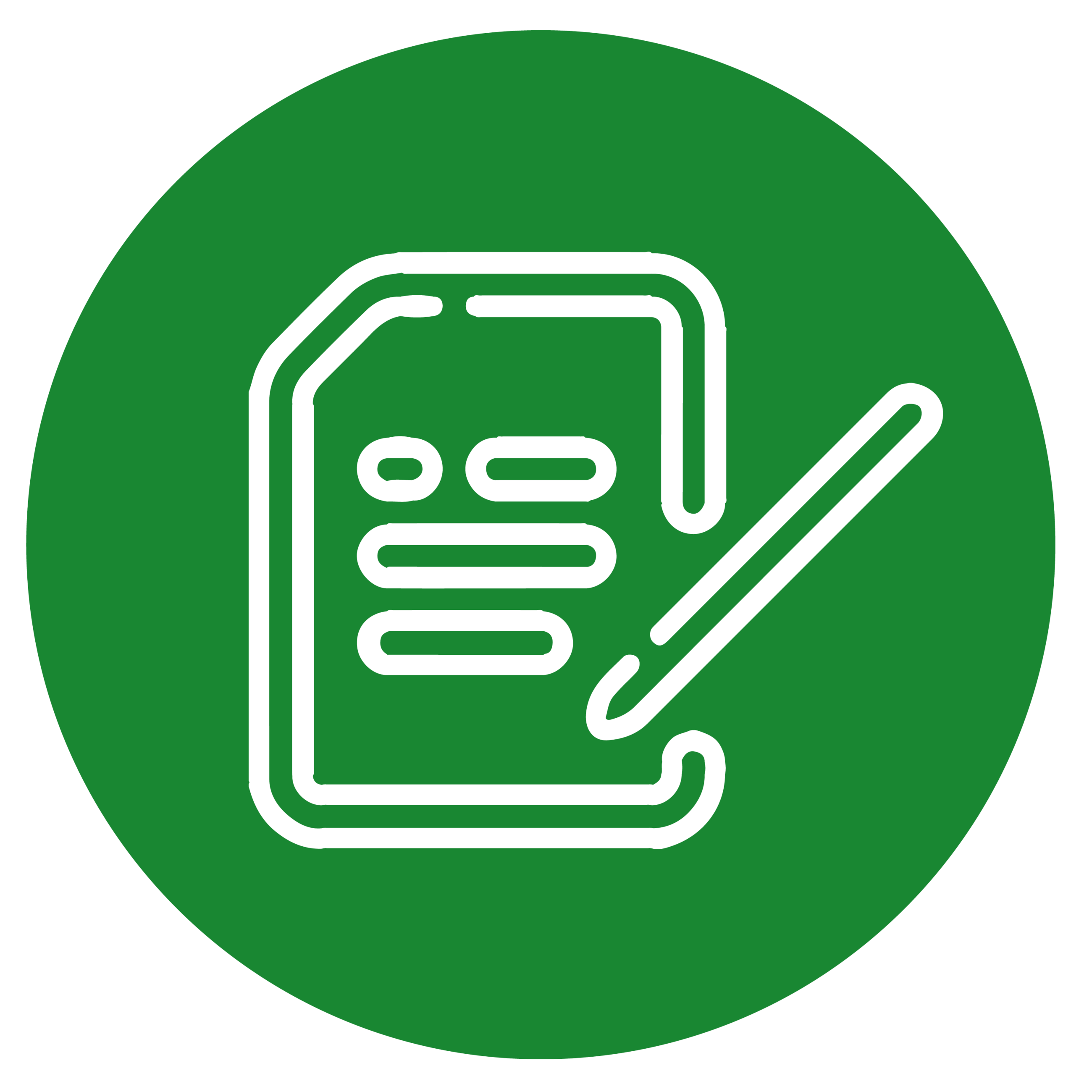 Icon eines Dokuments mit Stift auf grünem Hintergrund, symbolisiert das Verfassen oder Bearbeiten von Text.