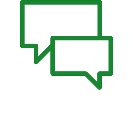 Symbol mit zwei Sprechblasen in grün, symbolisiert Kommunikation und Austausch von Informationen.