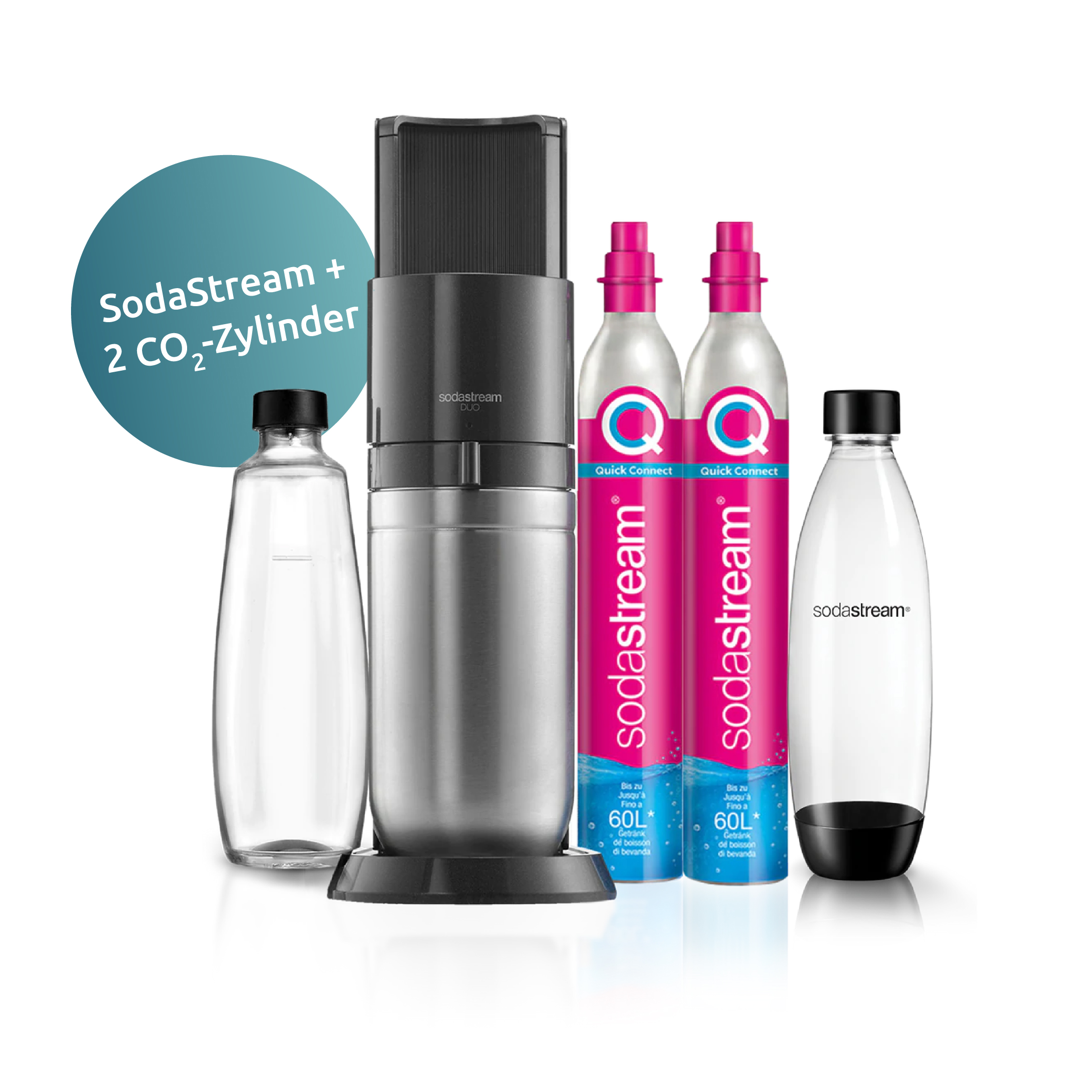 SodaStream Gerät mit 2 CO₂-Zylindern und Wasserflasche, präsentiert in moderner Anordnung.