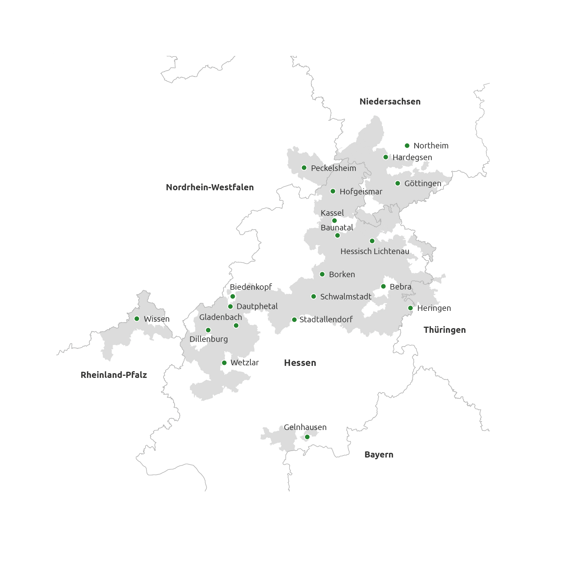 Karte von Deutschland mit markierten Städten in Hessen, Nordrhein-Westfalen und angrenzenden Bundesländern.