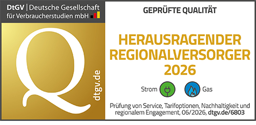 Zertifikat der Deutschen Gesellschaft für Verbraucherstudien für den herausragenden Regionalversorger 2024 mit Informationen zu Qualität und Service.