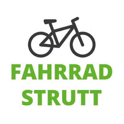 Schematische Darstellung eines Fahrrads über dem Text "FAHRRAD STRUTT"" in grün."
