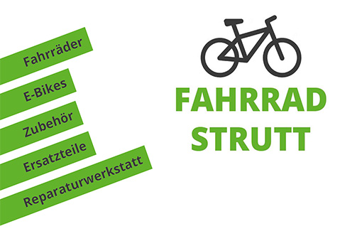 Logo von Fahrrad Strutt mit Icons für Fahrräder, E-Bikes und Zubehör sowie einer Liste von Dienstleistungen in Grün.