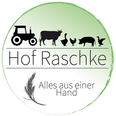 Logo von Hof Raschke mit Traktor, Tieren und dem Slogan "Alles aus einer Hand"" auf grünem Hintergrund."