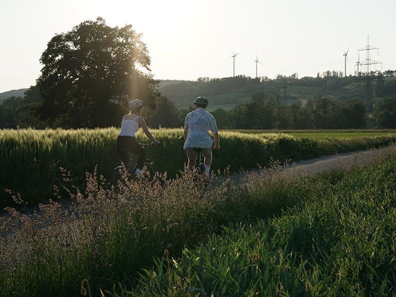 Zwei Radfahrerinnen fahren auf einem Weg durch grüne Felder, Windräder sind im Hintergrund zu sehen, Sonnenlicht strahlt durch Bäume.