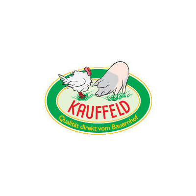 Logo von KAUFFELD mit Huhn und Schwein, Text: "Qualität direkt vom Bauernhof""."