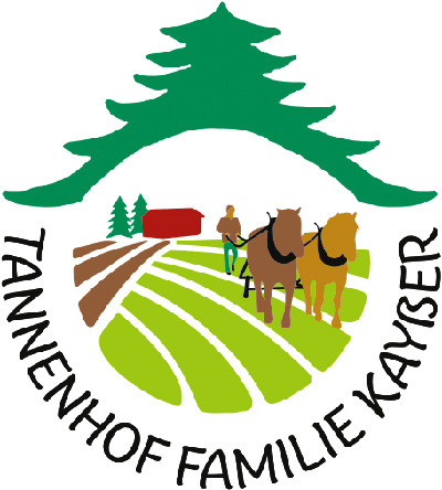 Logo des Tannenhofs Familie Kayser mit Baum, Feldern und einer Person mit zwei Pferden.