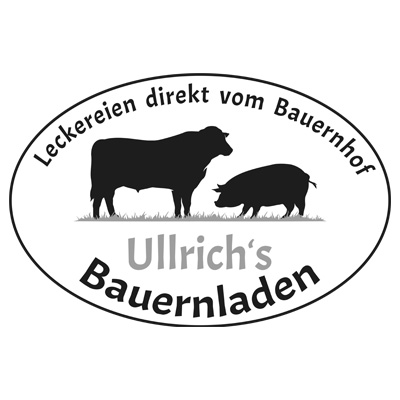 Logo von Ullrich's Bauernladen mit Kuh und Schwein, Text: "Leckereien direkt vom Bauernhof""."