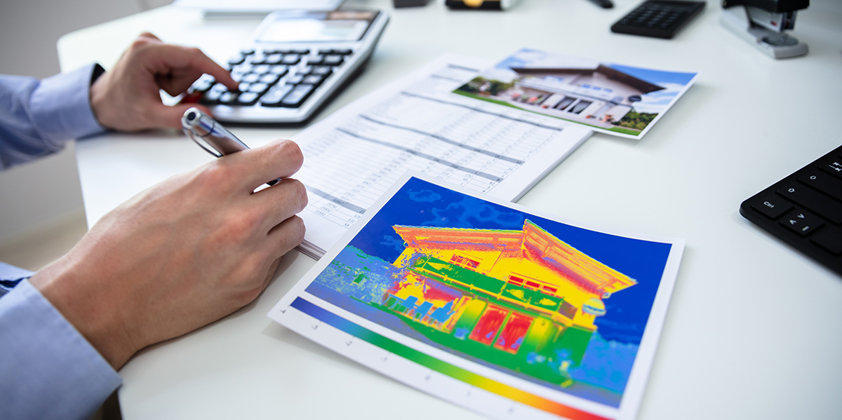 Eine Hand hält einen Stift über einem Blatt mit einem thermografischen Bild eines Hauses und einem Rechnungsformular.