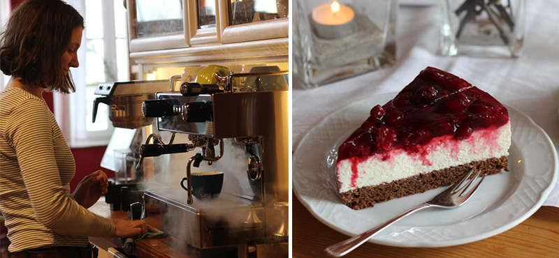 Frau serviert Kaffee und ein Stück Kuchen