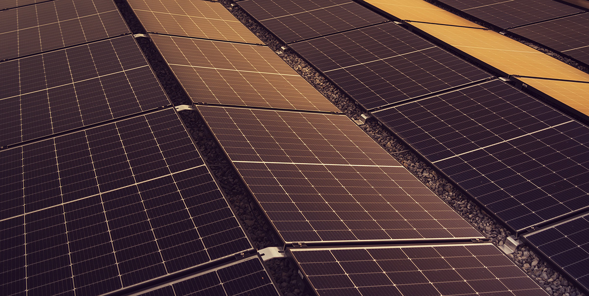Alt-Tag: Eine Vielzahl von Solarpanels auf einem Dach, angeordnet in strukturierten Reihen.