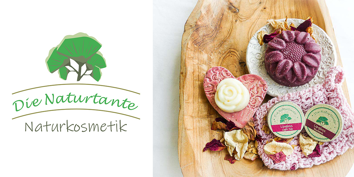 Das Logo und Beauty-Artikel auf einem Holzbrett