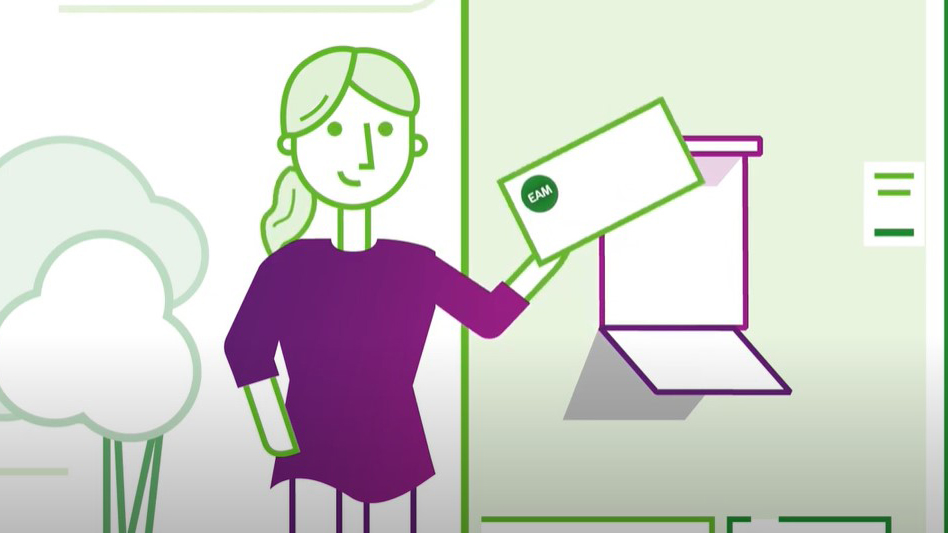 Illustration einer Person, die einen Briefumschlag in eine Box legt. Grüne und lila Farben dominieren.