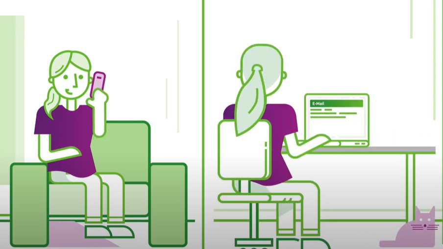 Illustration von zwei Personen: eine sitzt mit einem Smartphone, die andere arbeitet am Computer. Ein Katzensymbol ist sichtbar.