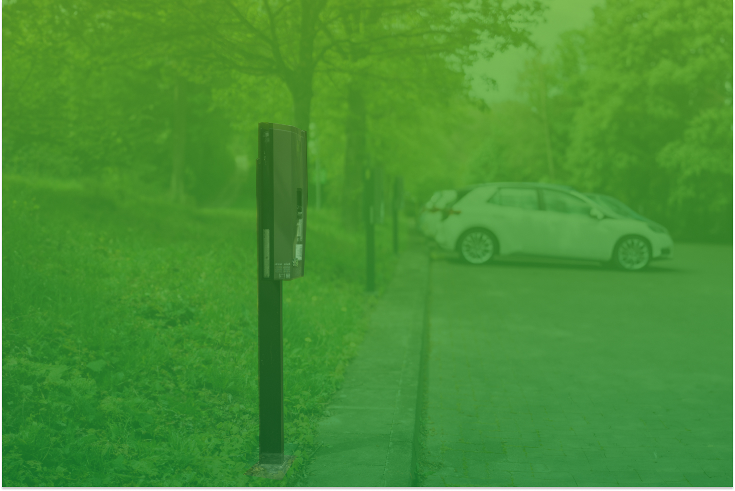 Parkerlebnis mit einem Parkautomaten am Rand eines Parkplatzes, umgeben von Bäumen und Gras.