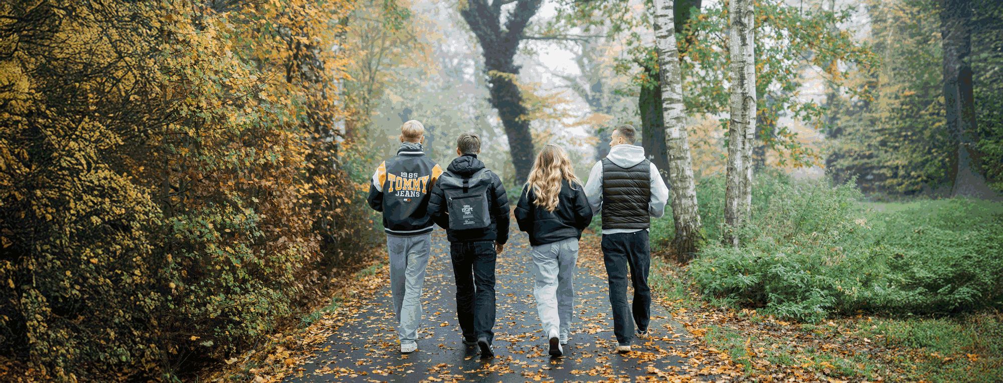 Vier Personen spazieren auf einem Weg durch einen herbstlichen Wald, umgeben von buntem Laub.